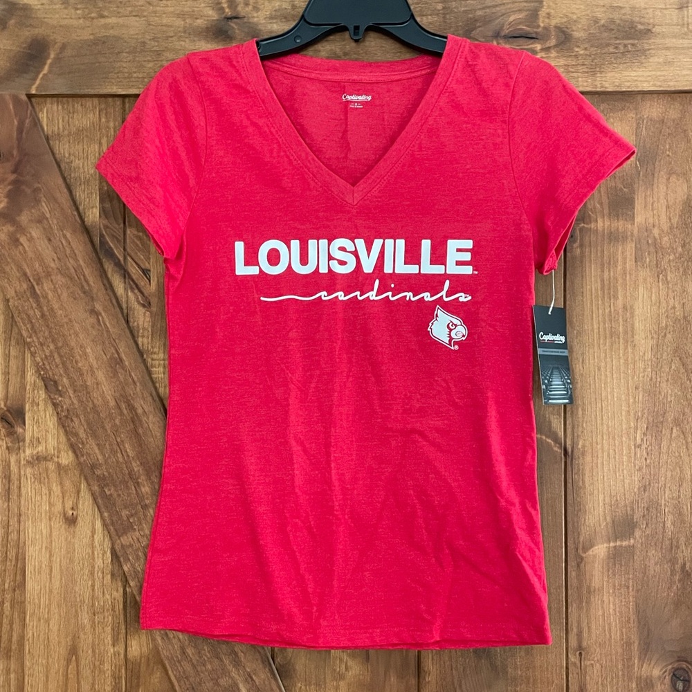Captivating Apparel Louisville Cardinals Womens V-Neck Graphic T-Shirt Red S NWT